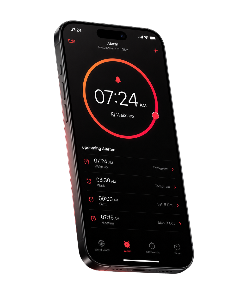 Alarm24 auf dem iPhone mit einer Aufwachaufgabe während eines klingelnden Weckers